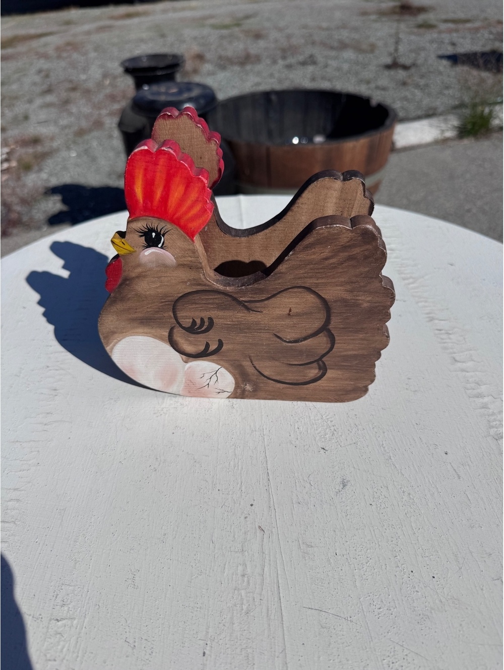 Hand Painted Wood Hen Rooster Napkin Holder Farmhouse Folk Art Kitchen Decor